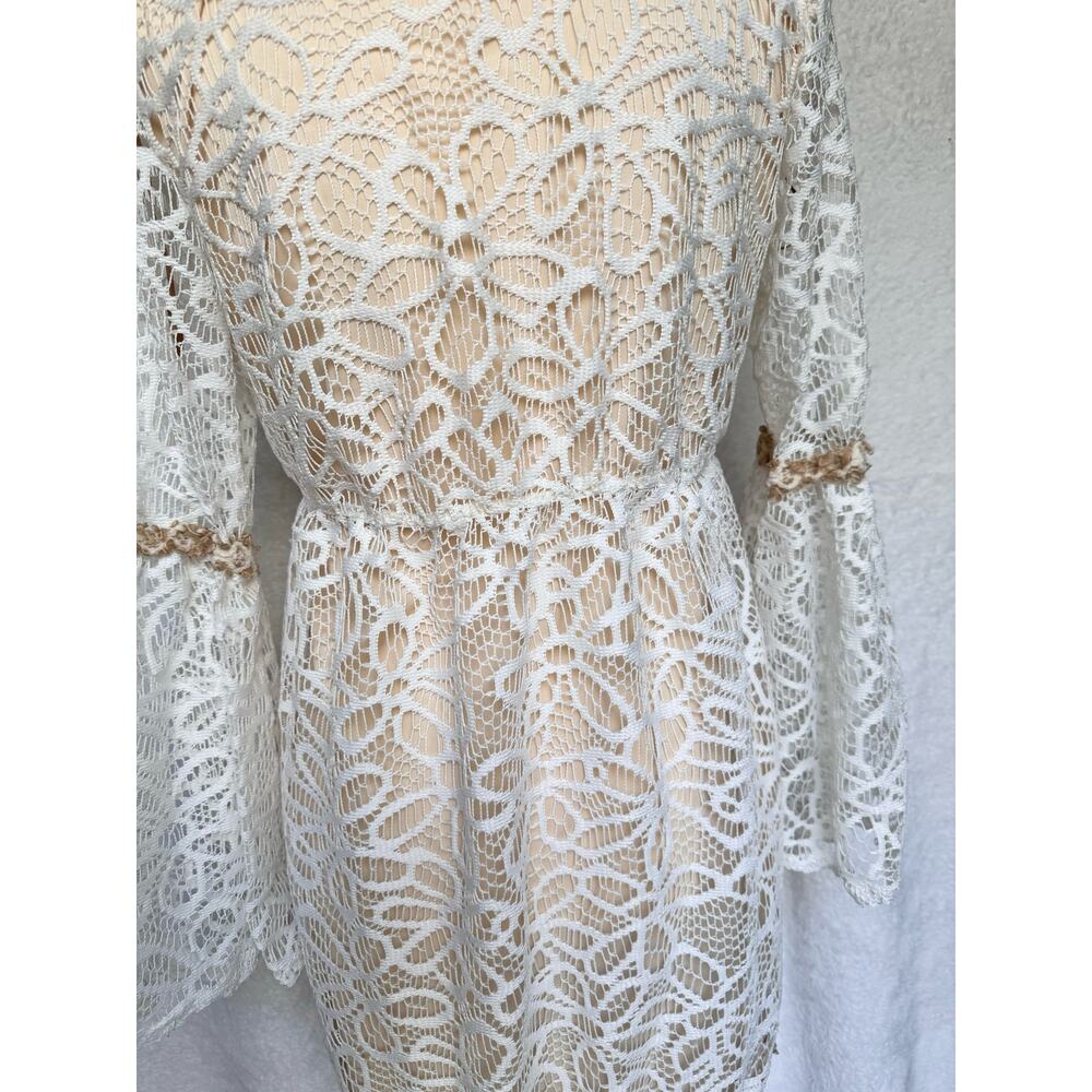Basically me Cream Floral Lace Flared Sleeves Babydoll Mini Dress Women's M/L - Picture 6 of 12